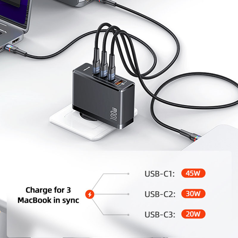 МЗП Usams US-CC163 T50 100W 4 Ports GaN Fast Charger (1USB-A/3C) на малюнкі №4