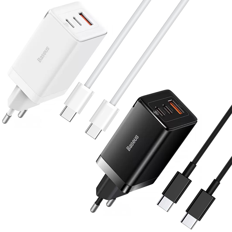 МЗП Baseus GaN5 Pro PD65W+QC3.0 (1USB-A/2C) + кабель Type-C to Type-C (CCGP12020), купити оптом з доставкою