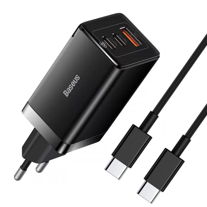 МЗП Baseus GaN5 Pro PD65W+QC3.0 (1USB-A/2C)  + кабель Type-C to Type-C (CCGP12020) на малюнкі №1