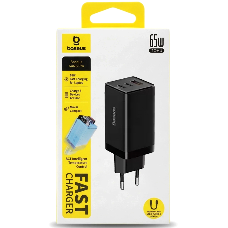 МЗП Baseus GaN5 Pro PD65W+QC3.0 (1USB-A/2C)  + кабель Type-C to Type-C (CCGP12020) на малюнкі №5