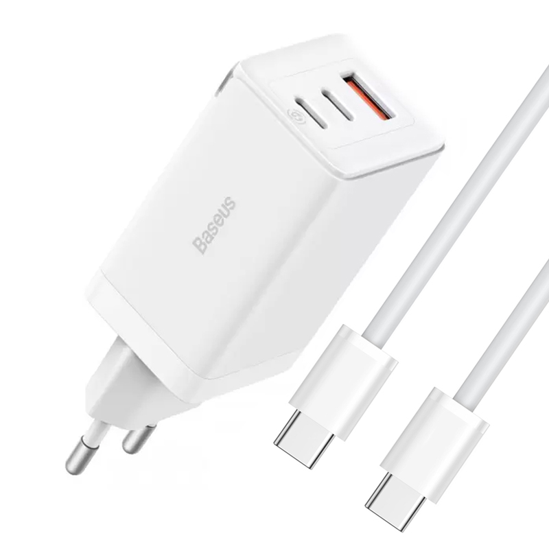 МЗП Baseus GaN5 Pro PD65W+QC3.0 (1USB-A/2C) + кабель Type-C to Type-C (CCGP12020), White, купити оптом з доставкою