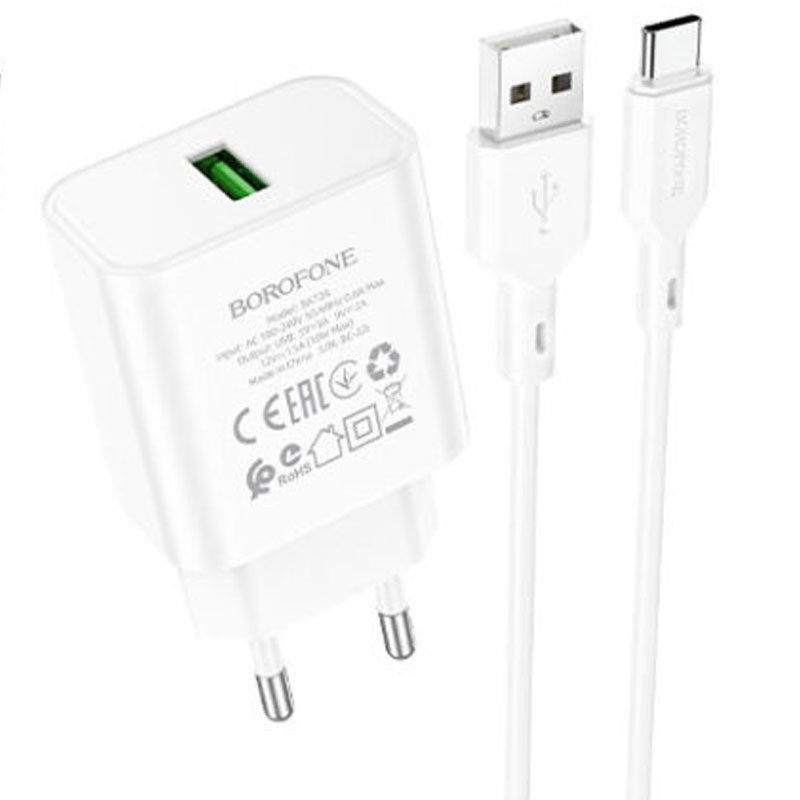 МЗП Borofone BA72A Spring QC3.0 (1USB-A) + кабель USB to Type-C на малюнкі №1