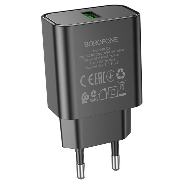 МЗП Borofone BA72A Spring QC3.0 (1USB-A), Black, купити оптом з доставкою