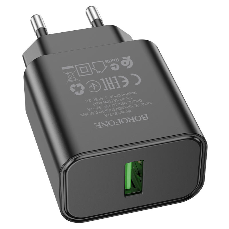 МЗП Borofone BA72A Spring QC3.0 (1USB-A), Black 1, купити оптом з доставкою