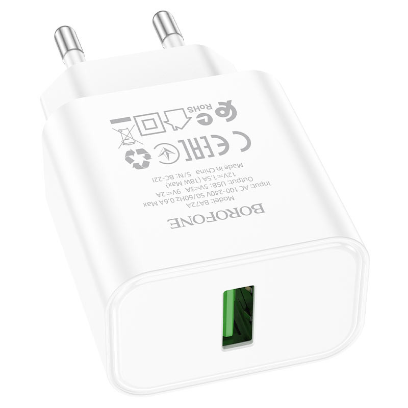 МЗП Borofone BA72A Spring QC3.0 (1USB-A), White 1, купити оптом з доставкою