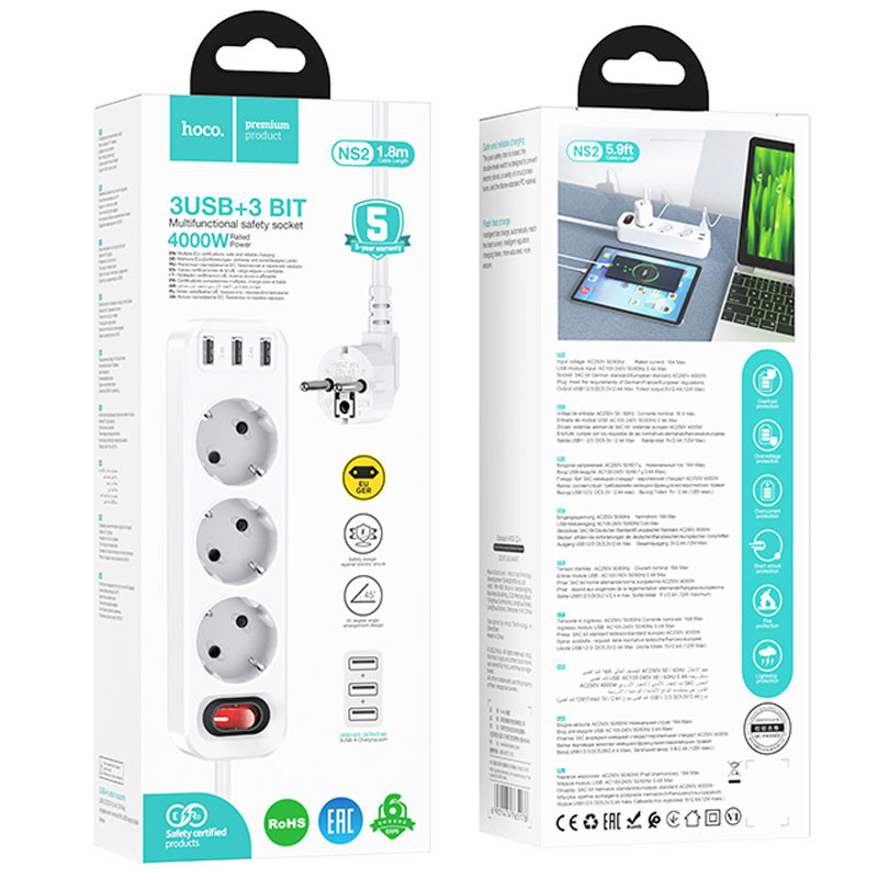 Подовжувач Hoco NS2 (3USB/3xSocket) Зображення №5 Подовжувач Hoco NS2 (3USB/3xSocket) дивитися фото №5