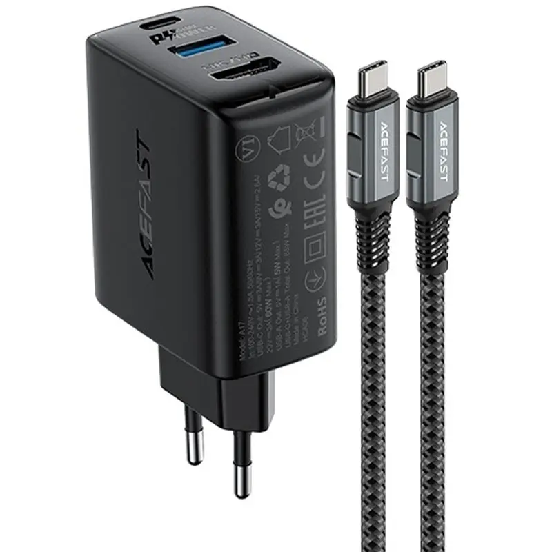 МЗП Acefast A17 PD65W GaN (1USB-A/1C/1HDMI) + кабель Type-C to Type-C, Black, купити оптом з доставкою