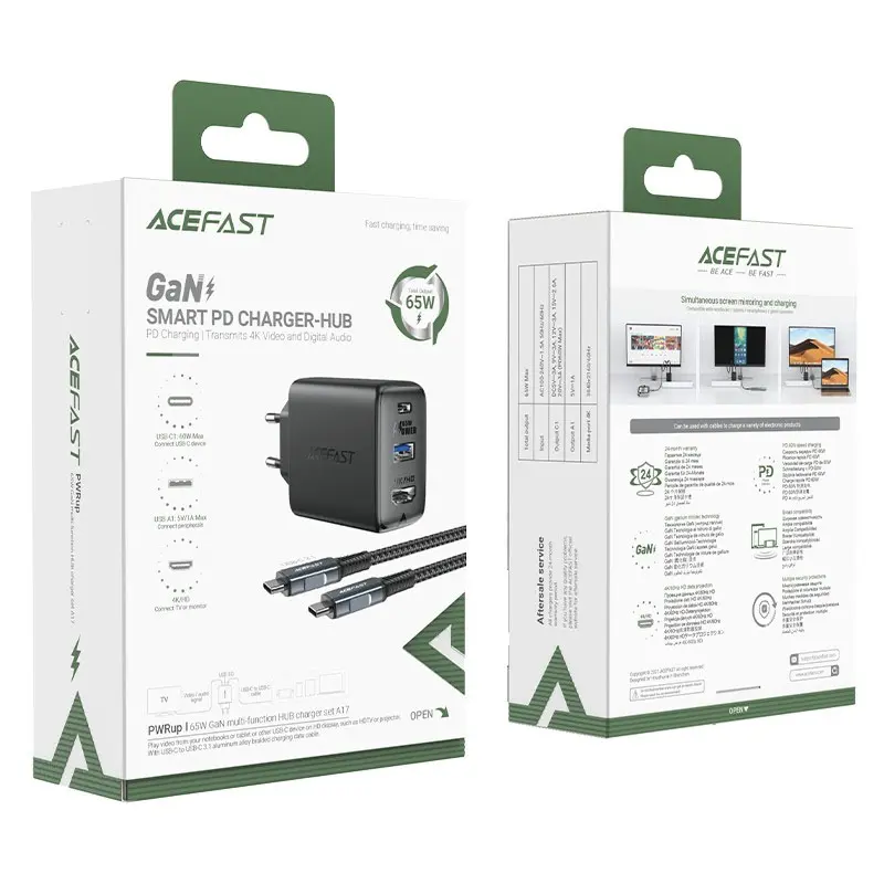 МЗП Acefast A17 PD65W GaN (1USB-A/1C/1HDMI) + кабель Type-C to Type-C, Black 4, купити оптом з доставкою