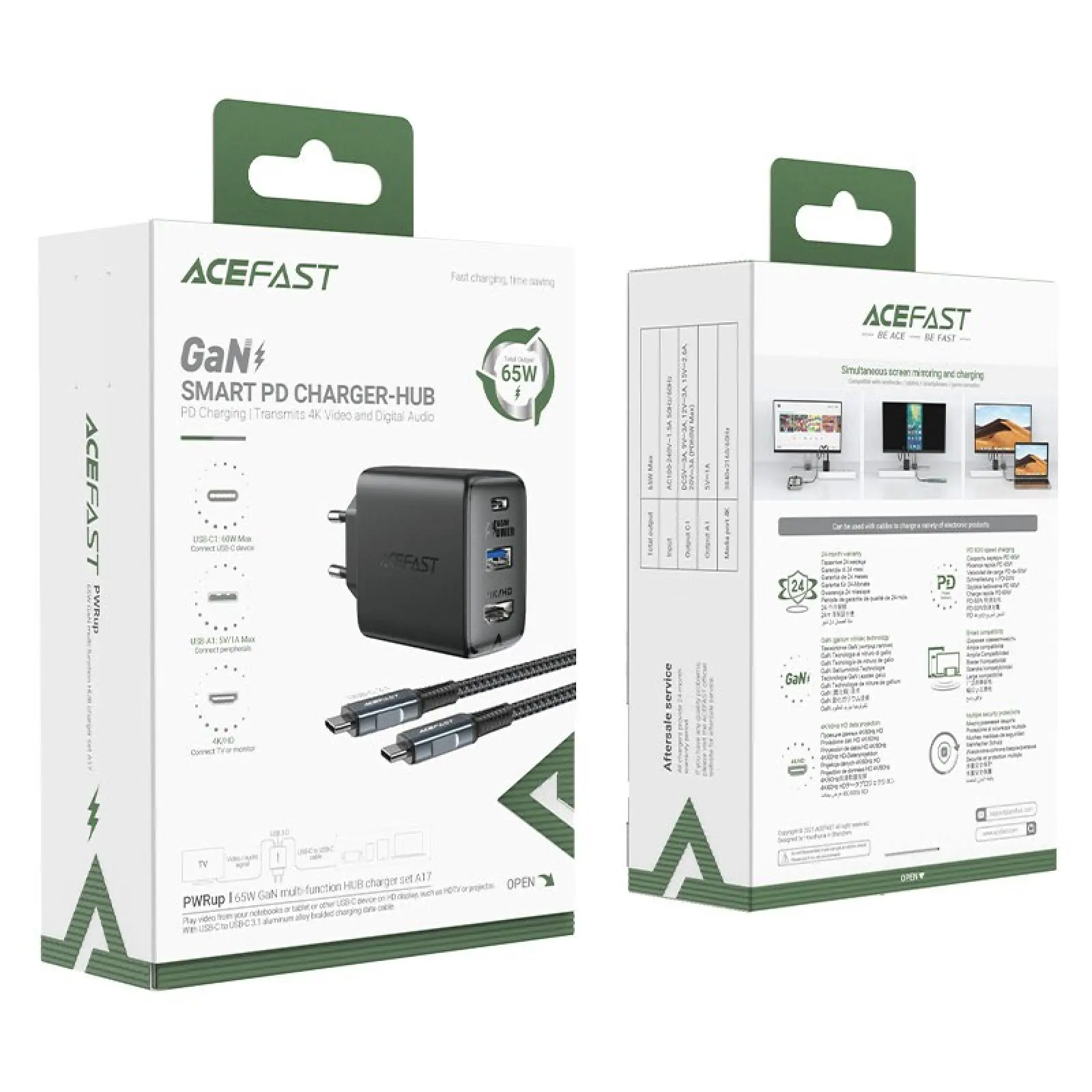 МЗП Acefast A17 PD65W GaN (1USB-A/1C/1HDMI) + кабель Type-C to Type-C, Black 4, купити оптом з доставкою