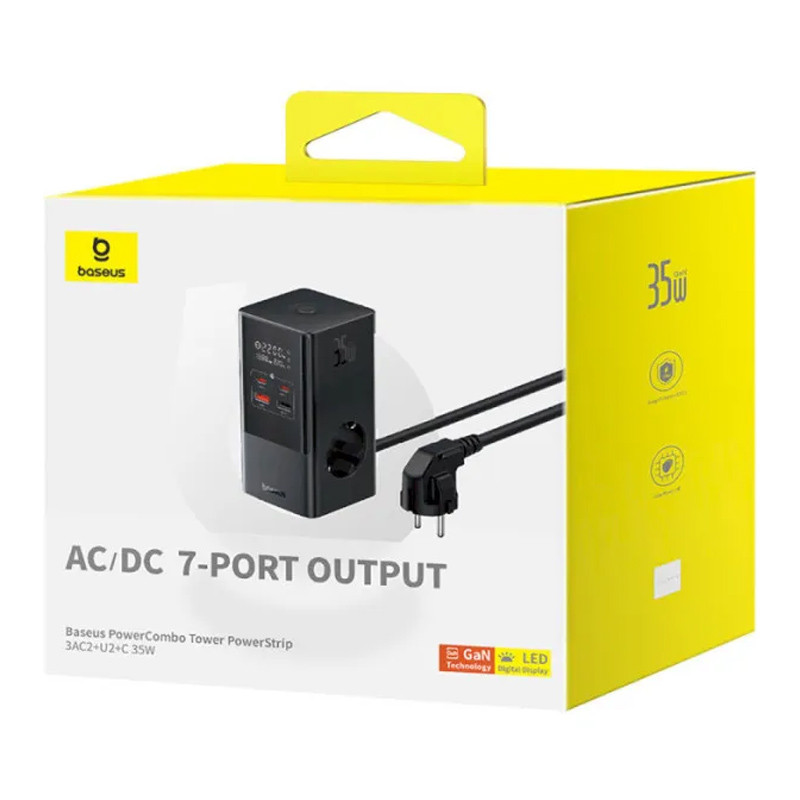 СЗУ Baseus PowerCombo Tower Digital PowerStrip 3AC+2U+2C 35W (1.5m) (E00023606113-00) на картинке №5