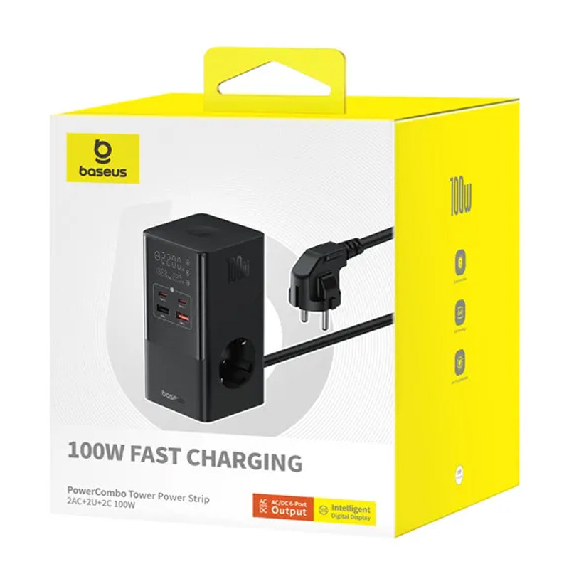 МЗП Baseus PowerCombo Tower PowerStrip 100W (2USB-A/2C/2Socket) (1.5m) (E00023609113-00) на малюнкі №5