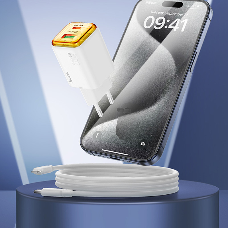 МЗП Hoco N53 Monsoon PD30W+QC3.0 (1USB-A/1C) + кабель Type-C to Lightning на малюнкі №3