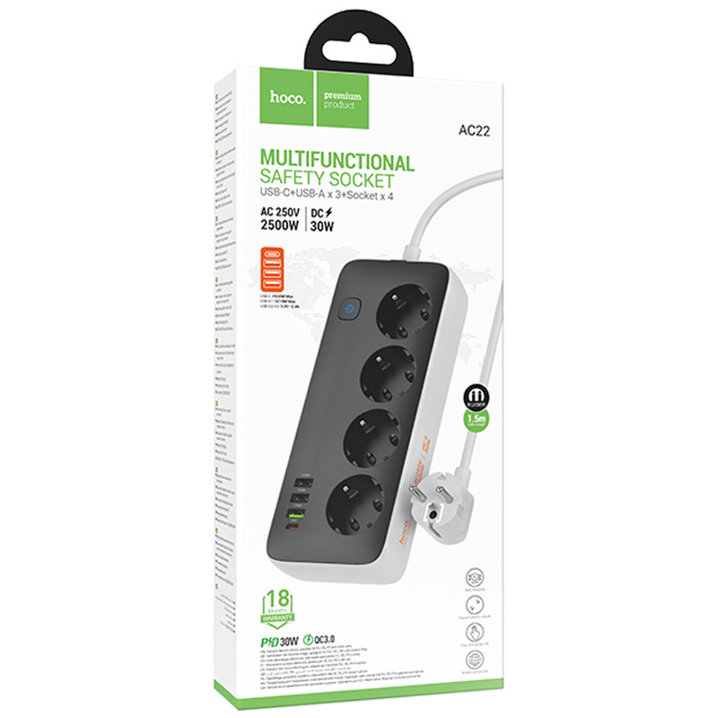 Подовжувач Hoco AC22 Sunlight (PD30W/1C/3A/4xSocket) (1.5m) на малюнкі №2