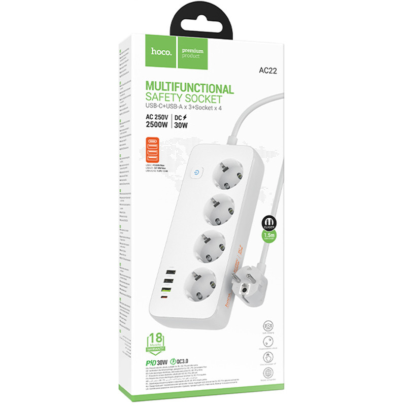 Подовжувач Hoco AC22 Sunlight (PD30W/1C/3A/4xSocket) (1.5m) на малюнкі №2