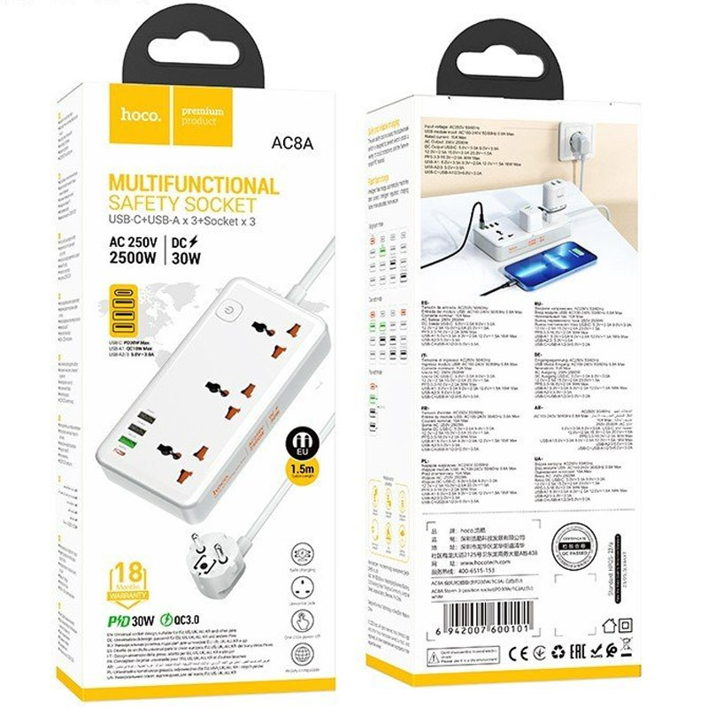 Подовжувач Hoco AC8A Storm (PD30W/1C/3A/3xSocket) (1.5m) на малюнкі №2