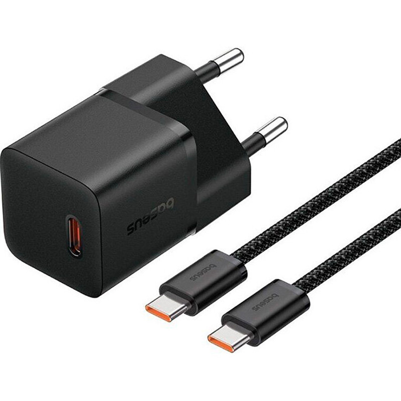 МЗП Baseus GaN5 Fast Charger (mini) PD25W (1USB-C) + кабель Type-C to Type-C (P10110909113) на малюнкі №1