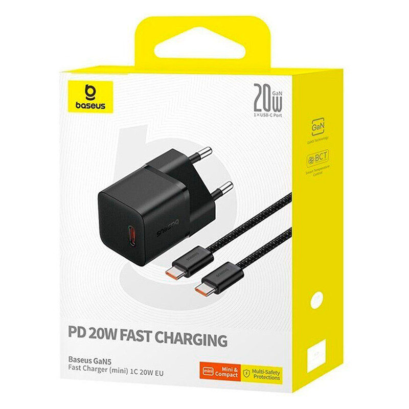 МЗП Baseus GaN5 Fast Charger (mini) PD20W (1USB-C) + кабель Type-C to Type-C (P10110900113) на малюнкі №4