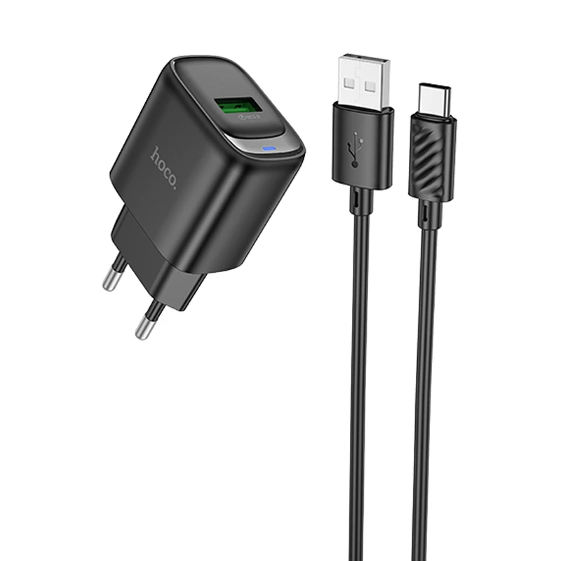 МЗП Hoco C140A Smart QC3.0 18W (1USB-A) + кабель USB to Type-C, Black, купити оптом з доставкою