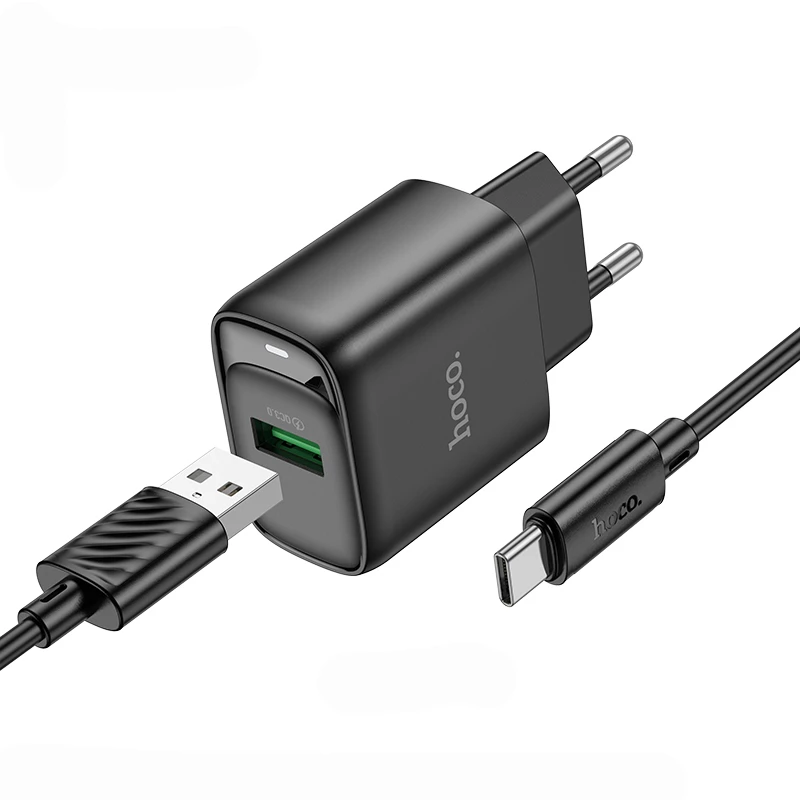 МЗП Hoco C140A Smart QC3.0 18W (1USB-A) + кабель USB to Type-C, Black 1, купити оптом з доставкою