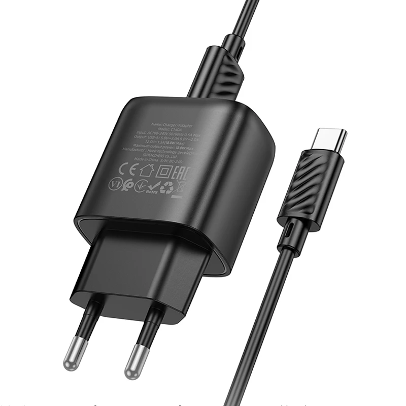 МЗП Hoco C140A Smart QC3.0 18W (1USB-A) + кабель USB to Type-C, Black 3, купити оптом з доставкою