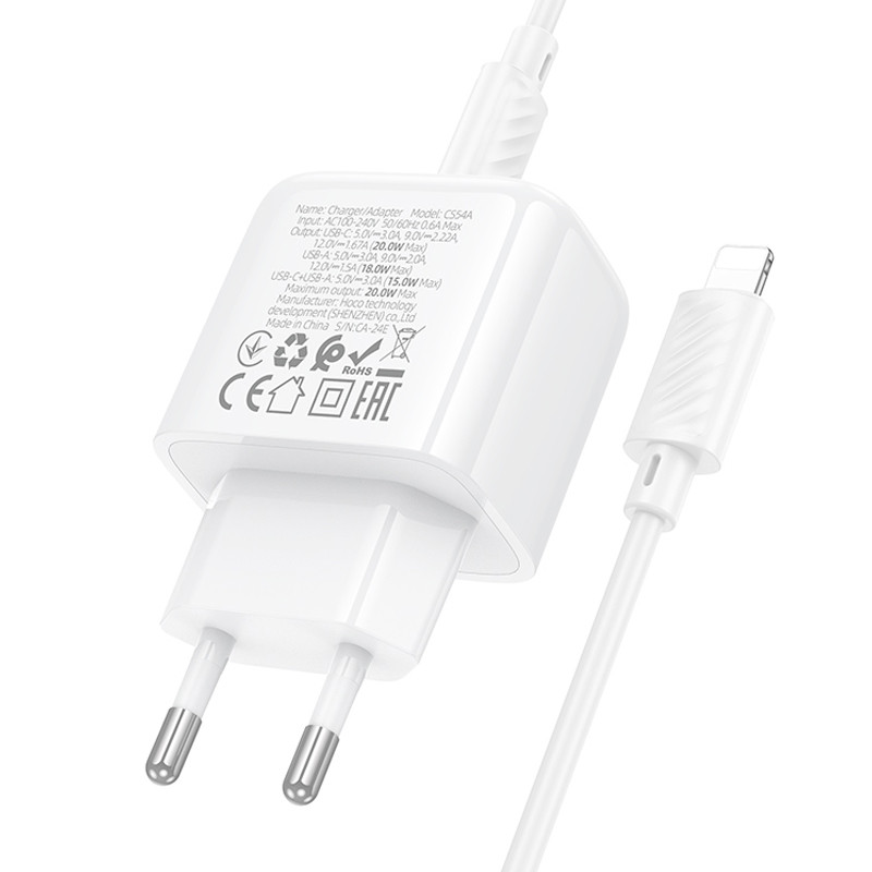МЗП Hoco CS54A Surplus PD20W+QC3.0 (1USB-A/1C) + кабель Type-C to Lightning на малюнкі №7