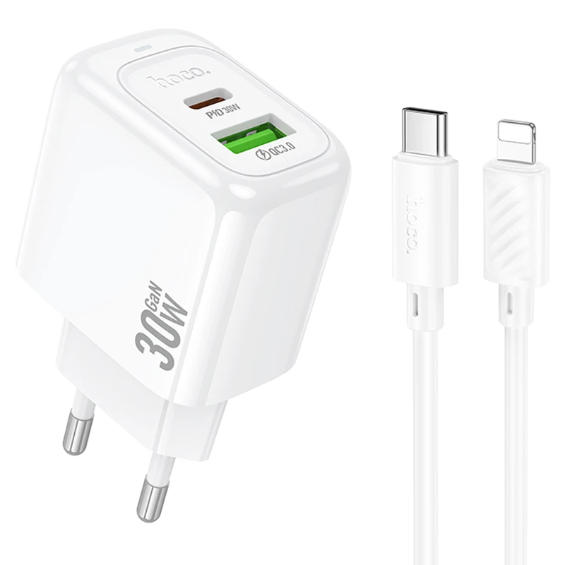 МЗП Hoco CS55A Surplus PD30W+QC3.0 (1USB-A/1C) + кабель Type-C to Lightning, White, купити оптом з доставкою