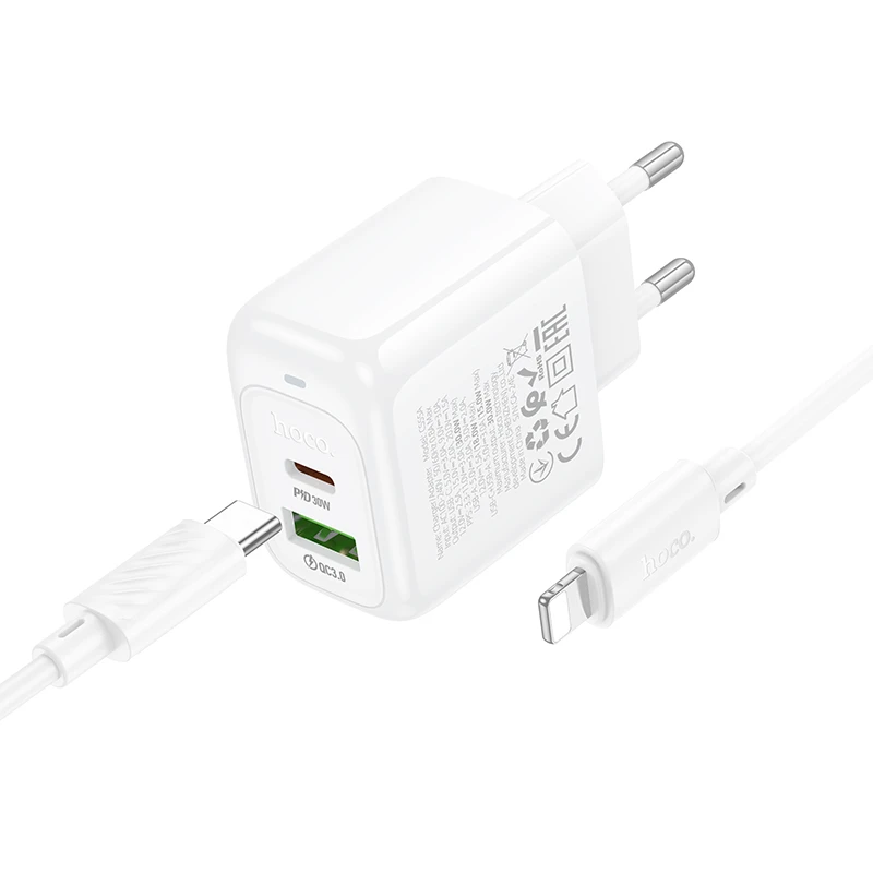 МЗП Hoco CS55A Surplus PD30W+QC3.0 (1USB-A/1C) + кабель Type-C to Lightning, White 2, купити оптом з доставкою