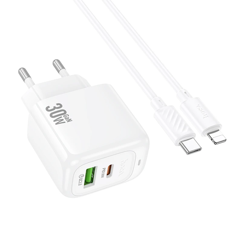 МЗП Hoco CS55A Surplus PD30W+QC3.0 (1USB-A/1C) + кабель Type-C to Lightning, White 3, купити оптом з доставкою