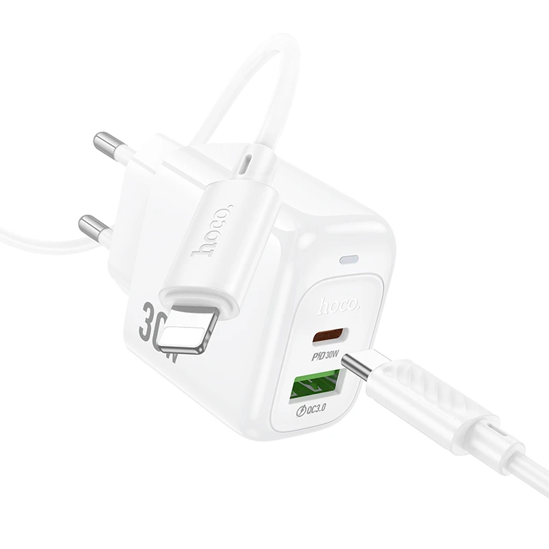 МЗП Hoco CS55A Surplus PD30W+QC3.0 (1USB-A/1C) + кабель Type-C to Lightning, White 4, купити оптом з доставкою