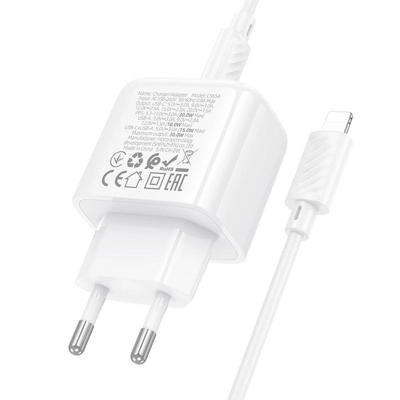 МЗП Hoco CS55A Surplus PD30W+QC3.0 (1USB-A/1C) + кабель Type-C to Lightning, White 6, купити оптом з доставкою