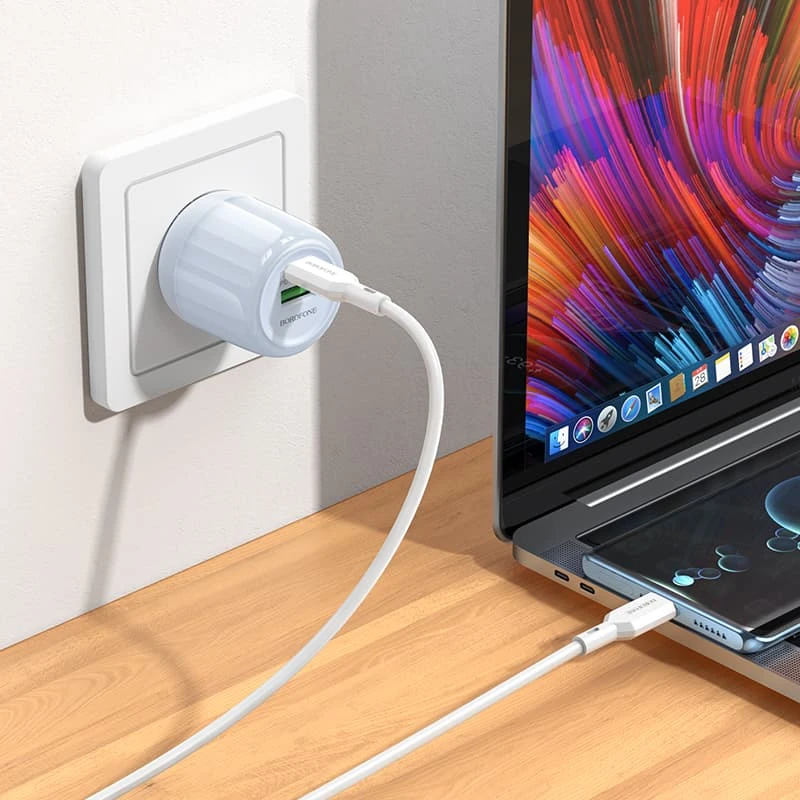 СЗУ Borofone BA94A Lustrous PD30W+QC3.0 (1USB-A/1C) + кабель Type-C to Type-C, Blue 2, купить оптом с доставкой