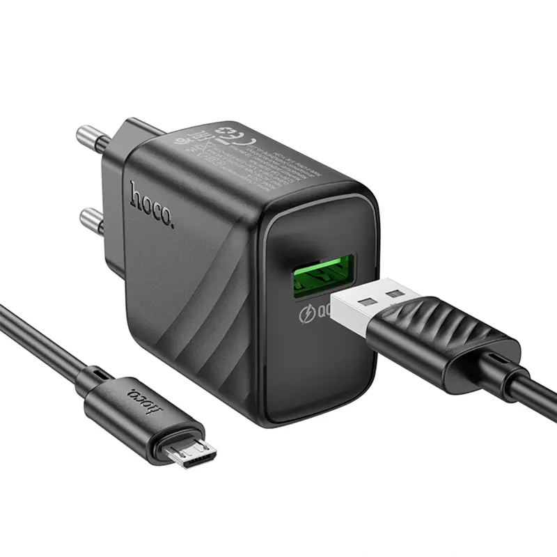 СЗУ Hoco CS21A Rich QC3.0 18W (1USB-A) + кабель USB to MicroUSB, Black 1, купить оптом с доставкой