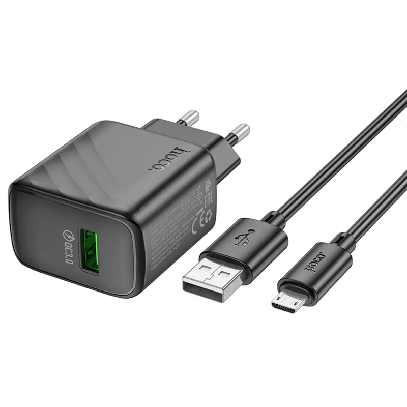 СЗУ Hoco CS21A Rich QC3.0 18W (1USB-A) + кабель USB to MicroUSB, Black 3, купить оптом с доставкой
