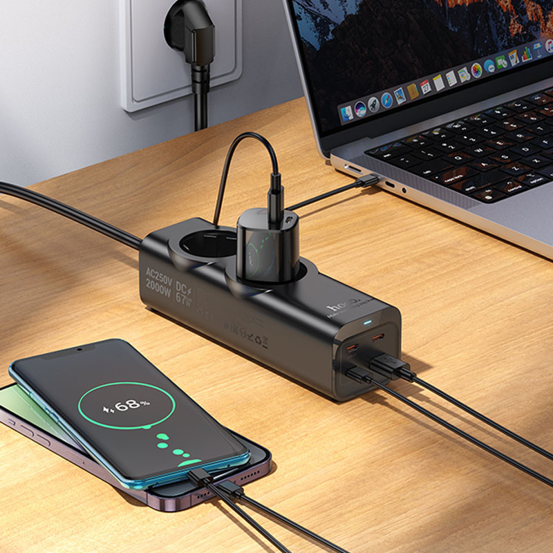 Подовжувач Hoco NS10 Wisdom 2-position PD67W (1USB-A/3C/2Socket) (2m) на малюнкі №4