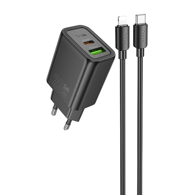 СЗУ Hoco N61 Gentle PD20W+QC3.0 (1USB-A/1C) + кабель Type-C to Lightning, Black, купить оптом с доставкой