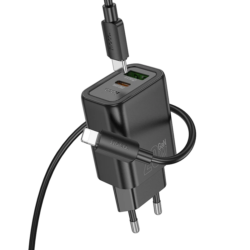 СЗУ Hoco N61 Gentle PD20W+QC3.0 (1USB-A/1C) + кабель Type-C to Lightning, Black 1, купить оптом с доставкой