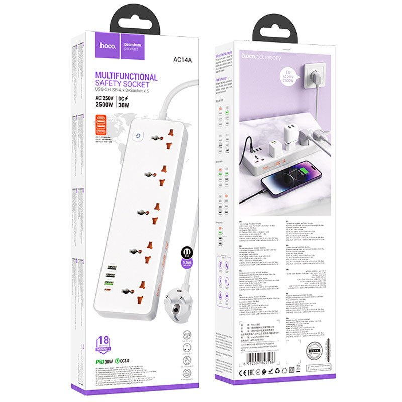Подовжувач Hoco AC14A Rico PD30W (3USB-A/1C/5xSocket) (1.5m) на малюнкі №6