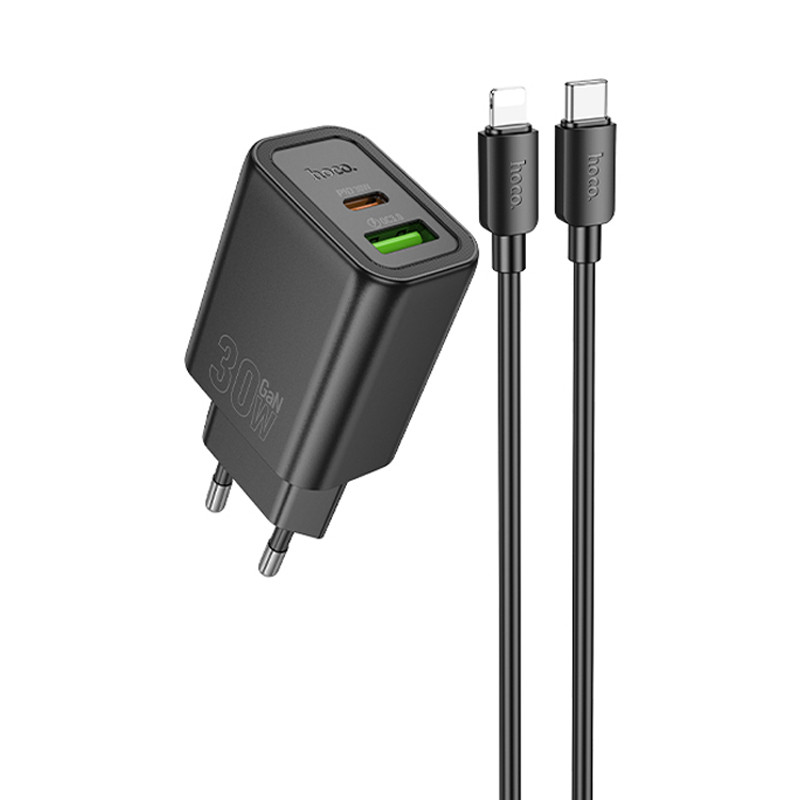 МЗП Hoco N63 Gentle PD30W+QC3.0 (1USB-A/1C) + кабель Type-C to Lightning на малюнкі №1