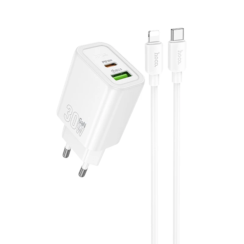 СЗУ Hoco N63 Gentle PD30W+QC3.0 (1USB-A/1C) + кабель Type-C to Lightning, White, купить оптом с доставкой
