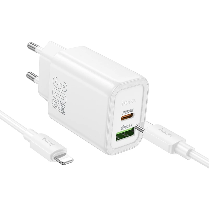 СЗУ Hoco N63 Gentle PD30W+QC3.0 (1USB-A/1C) + кабель Type-C to Lightning, White 3, купить оптом с доставкой
