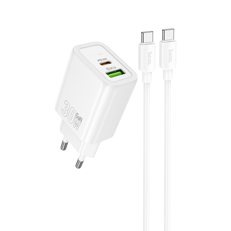 МЗП Hoco N63 Gentle PD30W+QC3.0 (1USB-A/1C) + кабель Type-C to Type-C на малюнкі №1