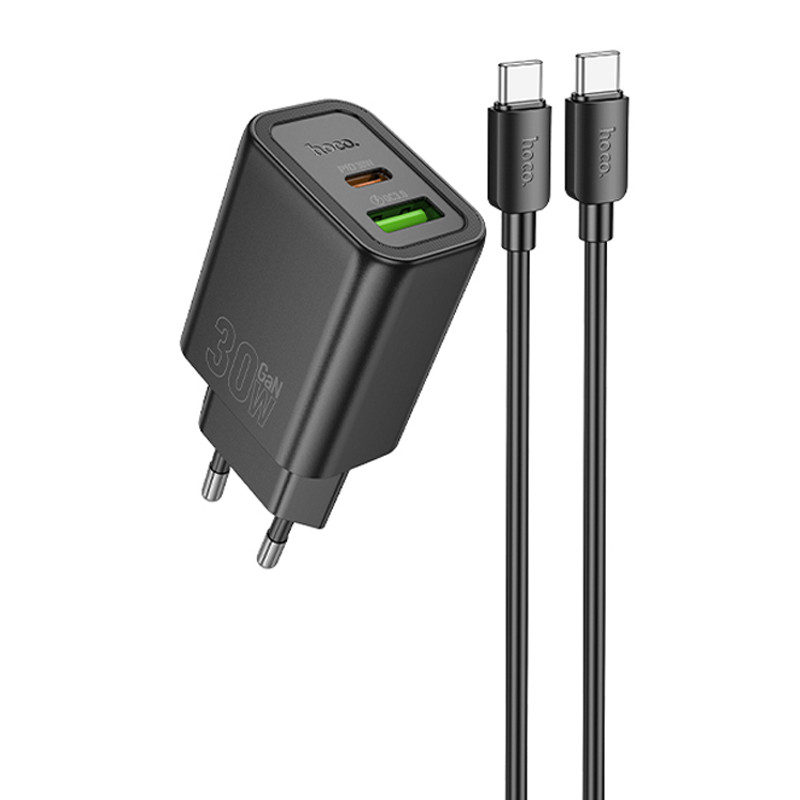 МЗП Hoco N63 Gentle PD30W+QC3.0 (1USB-A/1C) + кабель Type-C to Type-C на малюнкі №1