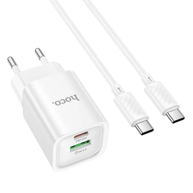 МЗП Hoco C149A Charm PD30W+QC3.0 (1USB-A/1C) + кабель Type-C to Type-C, White 1, купити оптом з доставкою