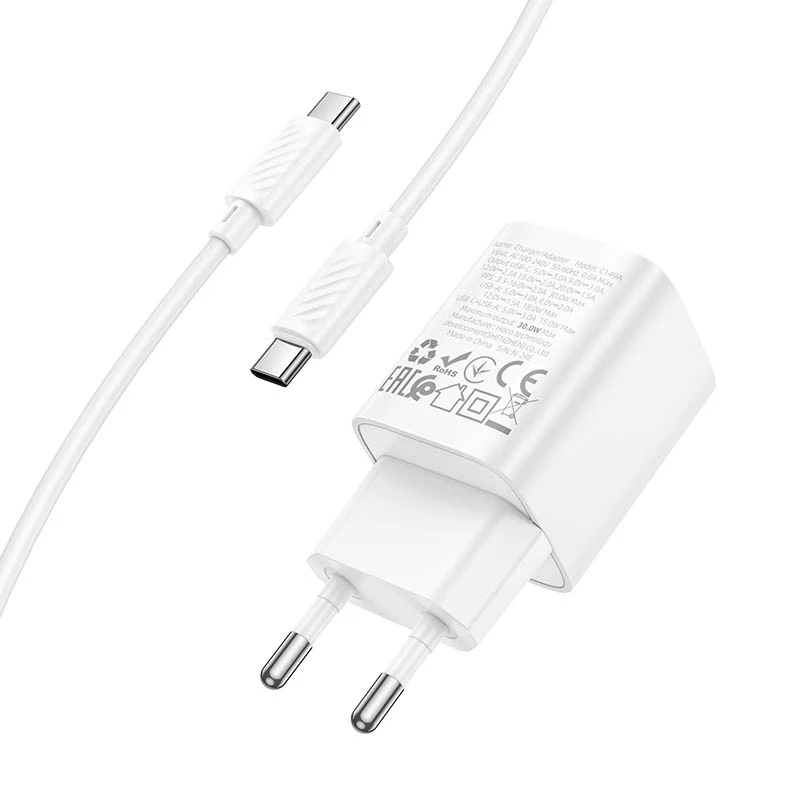 МЗП Hoco C149A Charm PD30W+QC3.0 (1USB-A/1C) + кабель Type-C to Type-C, White 3, купити оптом з доставкою