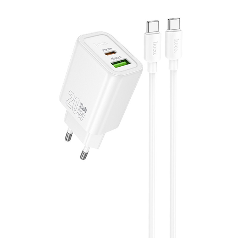 МЗП Hoco N61 Gentle PD20W+QC3.0 (1USB-A/1C) + кабель Type-C to Type-C на малюнкі №1
