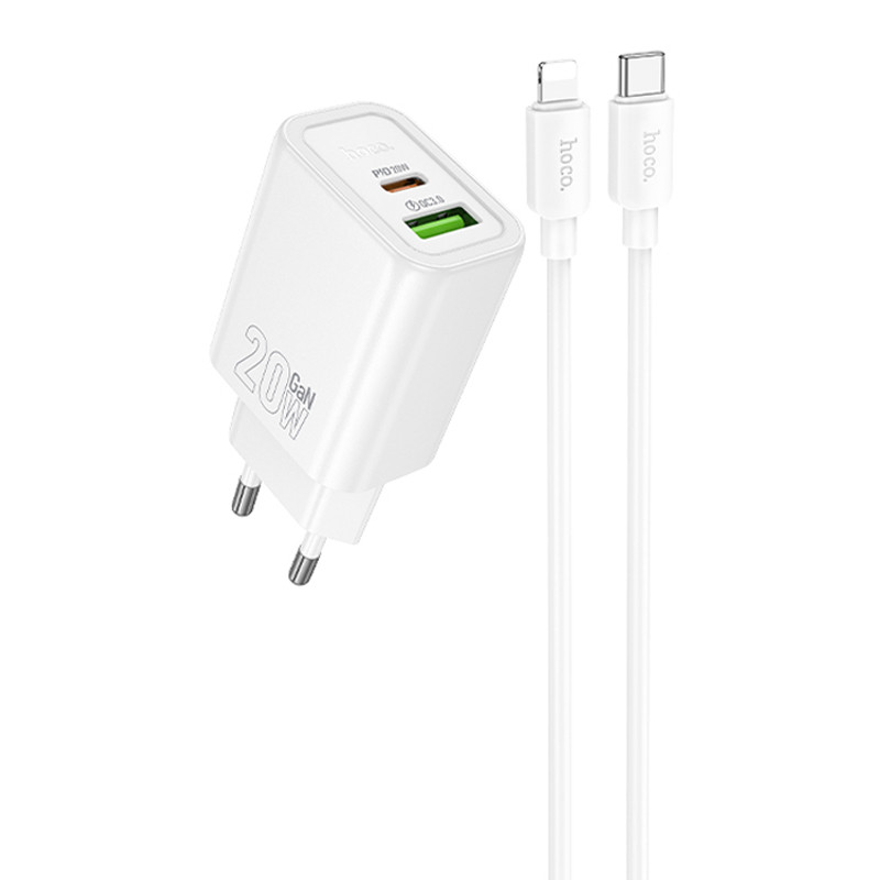 МЗП Hoco N61 Gentle PD20W+QC3.0 (1USB-A/1C) + кабель Type-C to Lightning на малюнкі №1