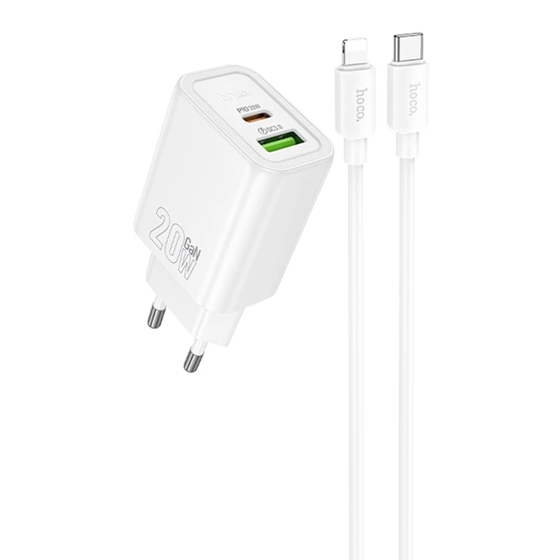 СЗУ Hoco N61 Gentle PD20W+QC3.0 (1USB-A/1C) + кабель Type-C to Lightning, White, купить оптом с доставкой