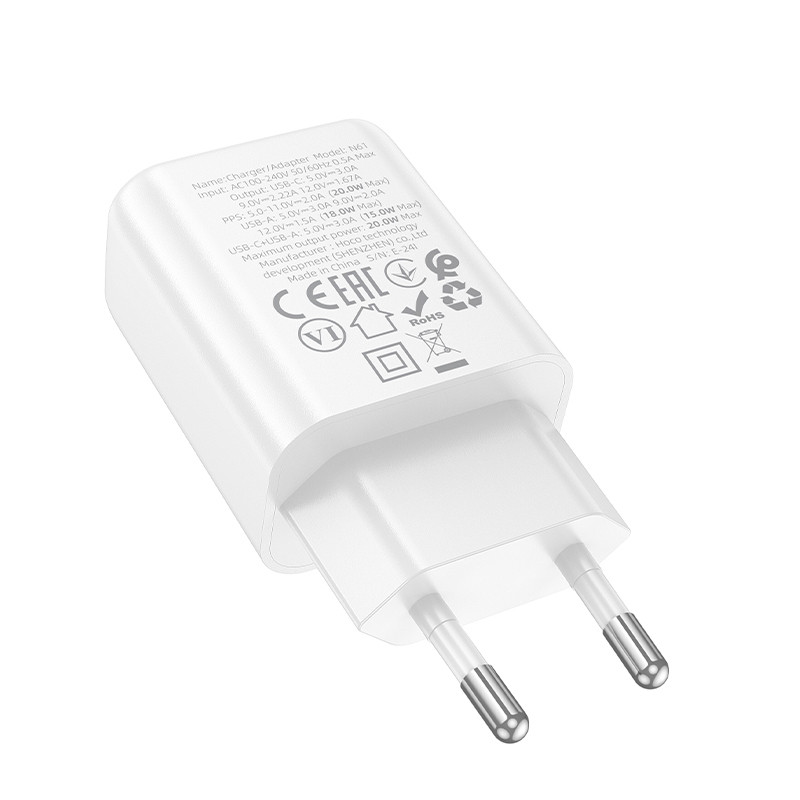МЗП Hoco N61 Gentle PD20W+QC3.0 (1USB-A/1C) + кабель Type-C to Lightning на малюнкі №5