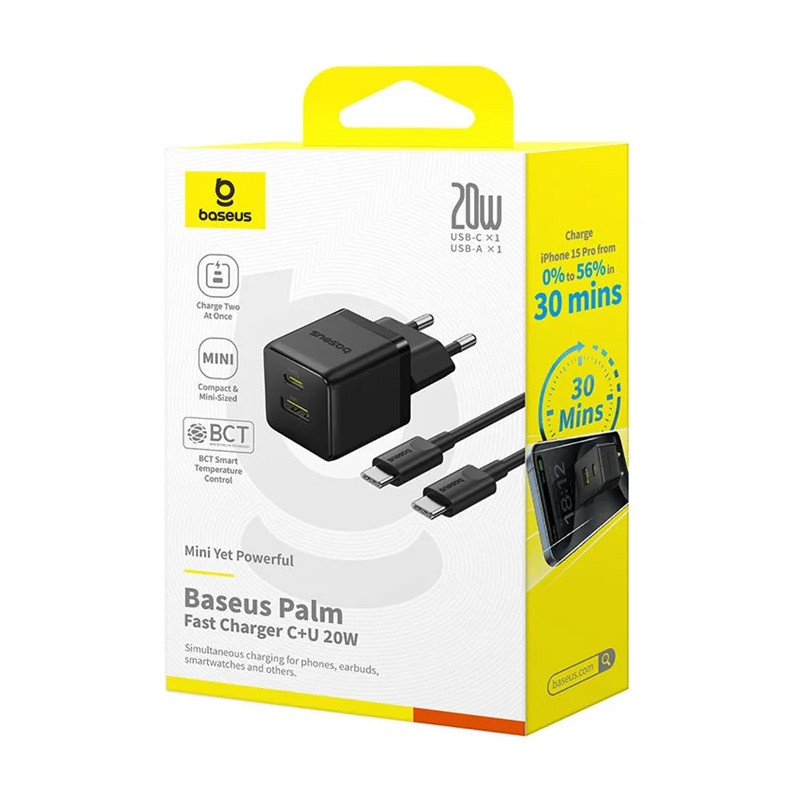МЗП Baseus Palm Fast Charger 20W (1USB-A/1C) + кабель Type-C to Type-C (P10111608) на малюнкі №6