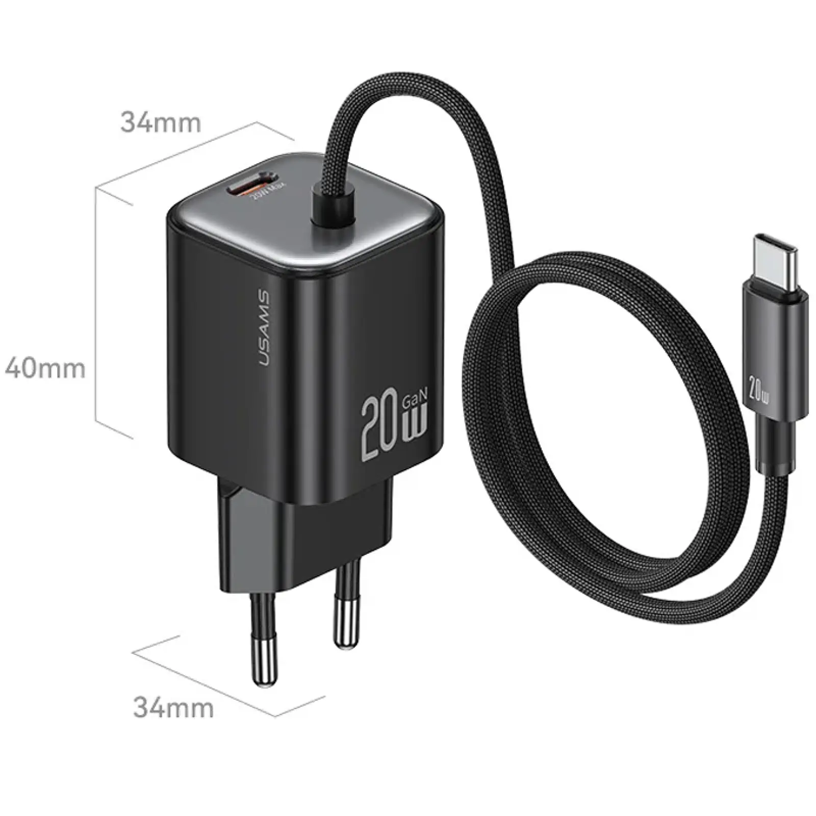 СЗУ Usams US-CC261 GaN JC Ser. 20W (2USB-C) + кабель Type-C to Type-C, Black 2, купить оптом с доставкой